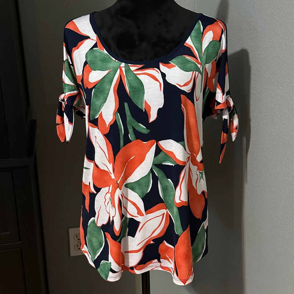 Naif Tunic Medium Floral Top Tie Sleeve Tropical Resort Chic Blouse Boho
